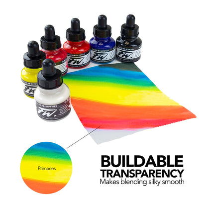 Daler-Rowney FW Primary Ink Set, 6 x 29.5ml Bottles & 1 FW Mixed Media Marker, Acrylic Based Ink, Assorted Colours, Ideal for Professional Artists &