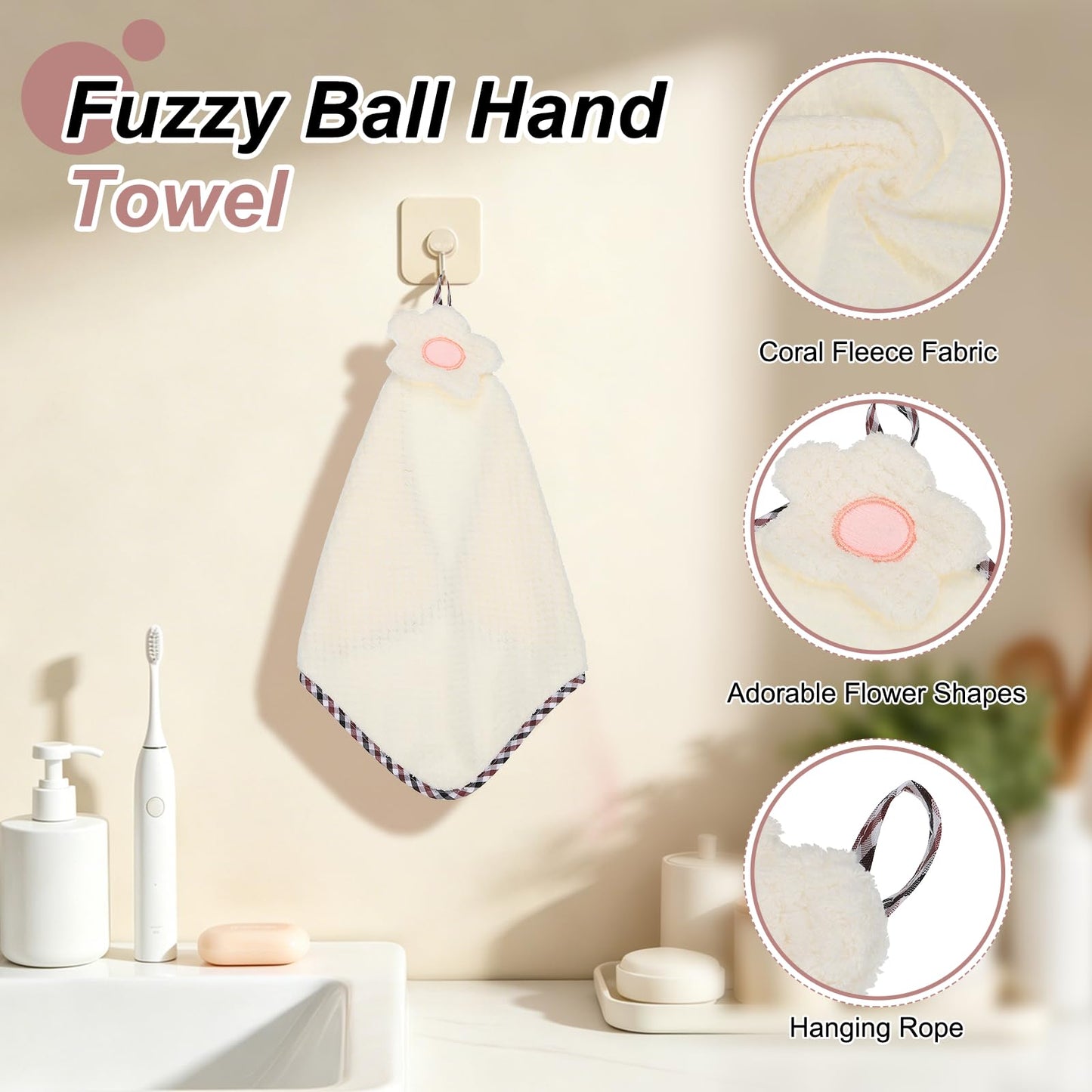 sourcing map 2Pcs Hand Towel, Soft Coral Fleece Hand Towels with Hanging Loop Decorative Flower Pattern Quick-Drying and Washable for Home Bathroom