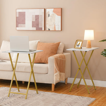 HOOBRO Folding Tables 2 Set, TV Tables for Eating Foldable, TV Tray Table, Small Sofa Laptop Dinner Table for Small Space, Metal Frame, Marble and
