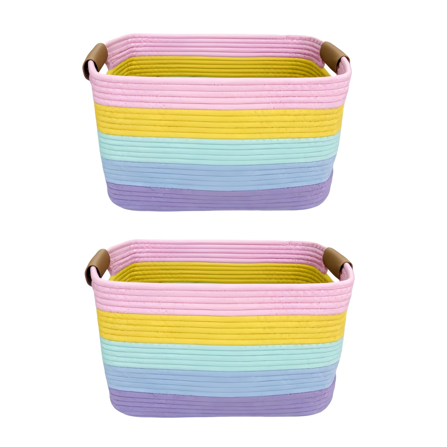Uwenkjie 2-Pack Large Storage Baskets, Cotton Rope Woven Basket with Detachable Leather Handles, Foldable Home Organiser Bin for Toys, Clothes