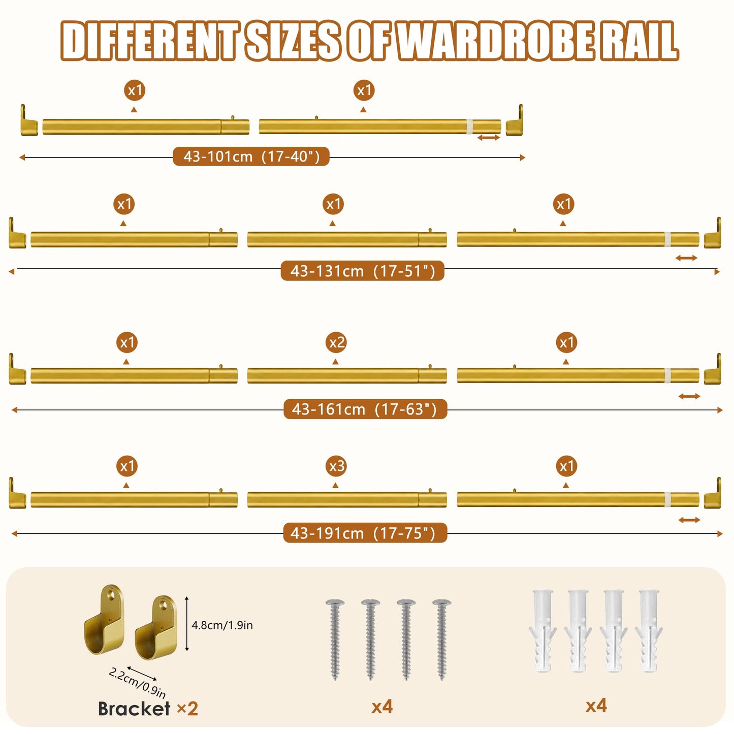 Poskena 25mm Oval Gold Hanging Rail,Premium Wardrobe Pole 43-191cm