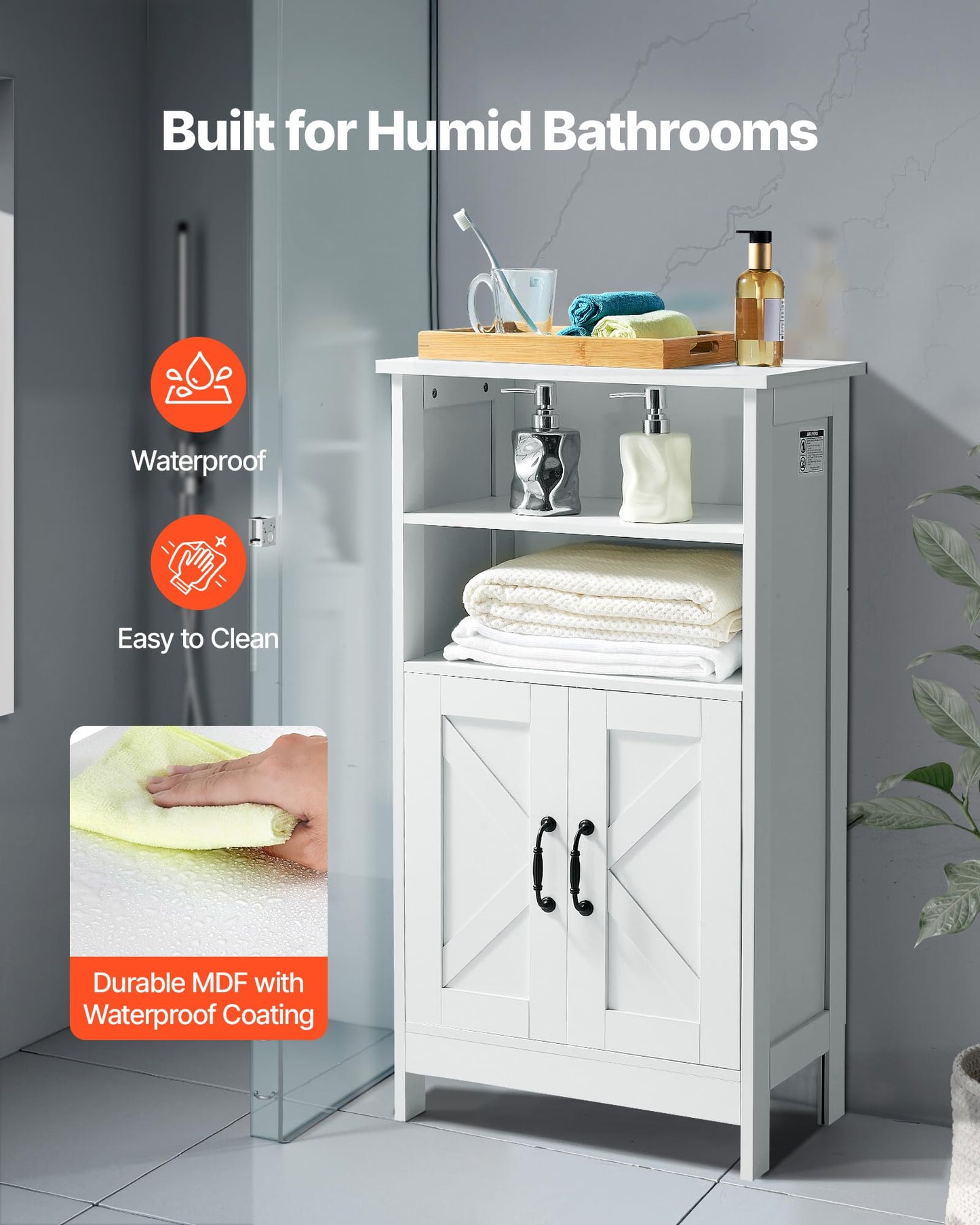 VEVOR Bathroom Floor Cabinet, 4-Tier, Wooden Storage Organizer with 2 Doors and Adjustable Shelf