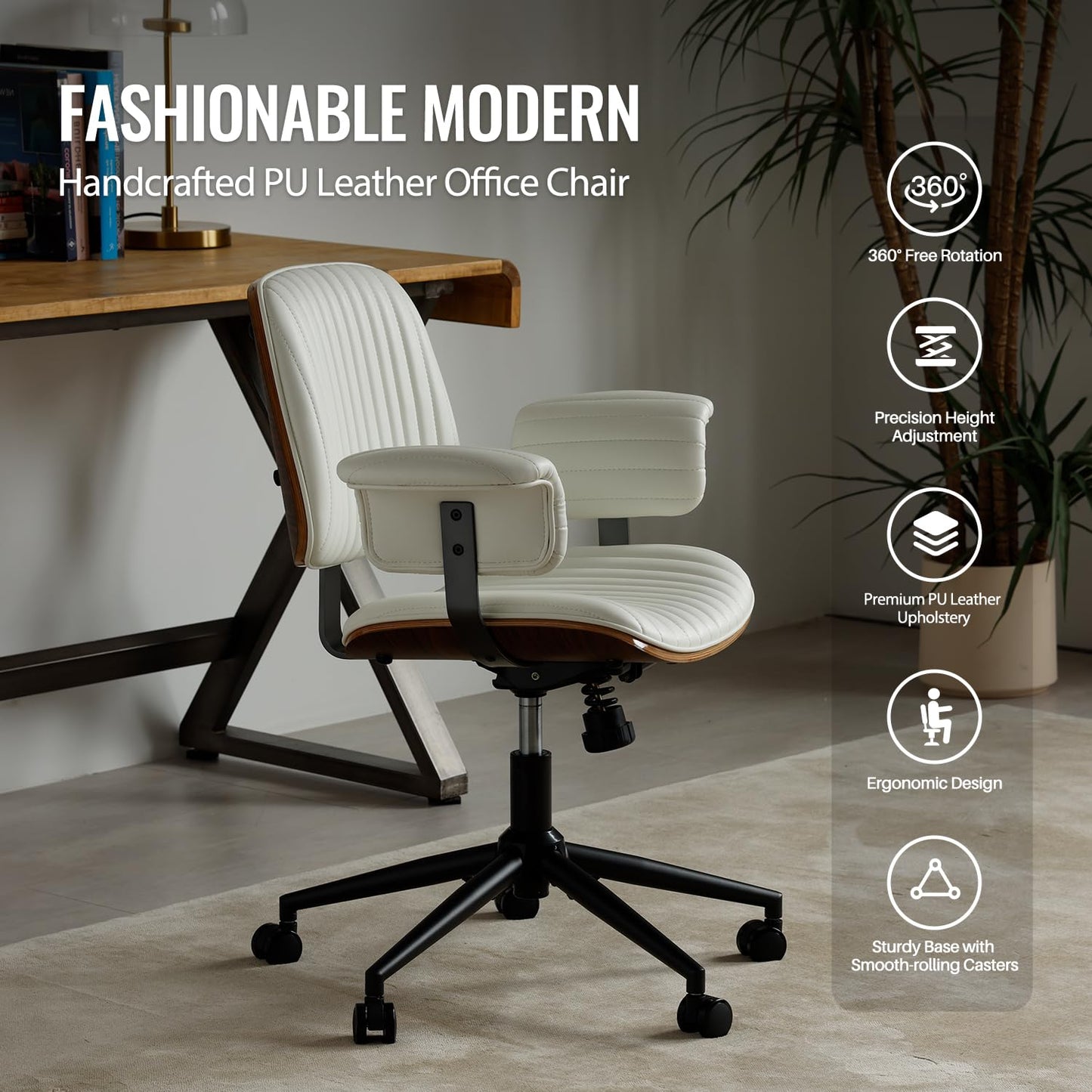 PELLEBAR Home Office Desk Chair, Mid-Century Executive PU Leather Chair with Padded Armrests, 360° Swivel Ergonomic Task Chair,Adjustable Height