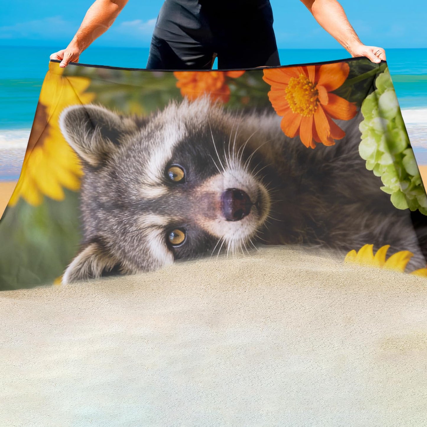Violetpos Raccoon in Sunflowers & Hydrangeas Beach Towel, Extra Large 180x90 cm 250GSM Microfibre, Sand Free Quick Dry