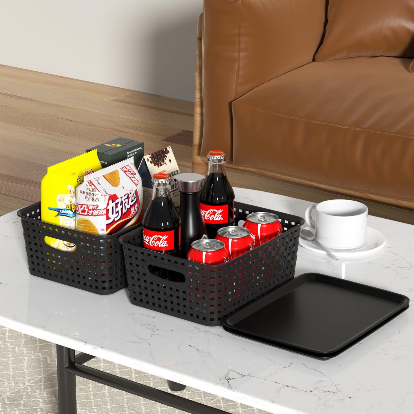 Innouse 6 PCS Small Plastic Woven Storage Basket with Lid for Desktop Black