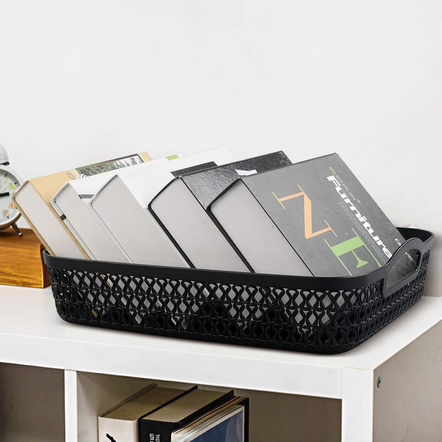Dehouse 6-Pack Large Plastic Shallow Storage Basket Tray, Black StorageTrays for Shelves