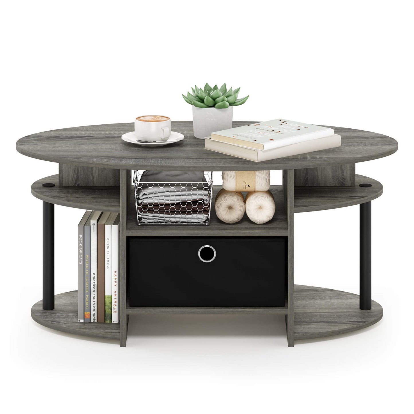 Furinno JAYA Coffee Table, Oval Modern Coffee Table with Shelves and Storage Bin, Side Table, for Living Room, Bedroom, Home Office, French Oak