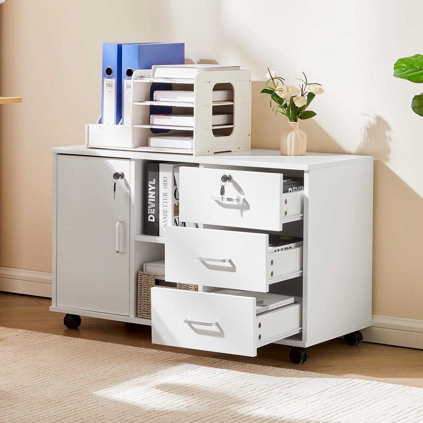 TUKAILAi Mobile File Cabinet with 3 Drawers and Lockable Cupboard, White