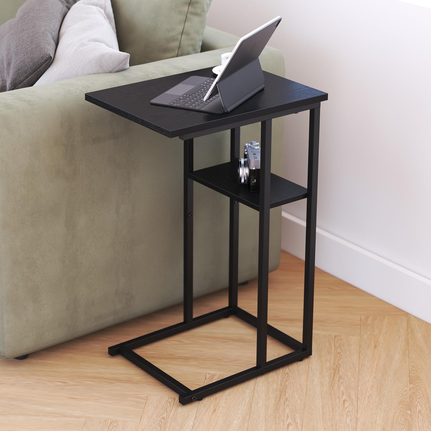 Yusong C Shaped End Table, 2 Tier Side Tables Slide Under Sofa Couch Bed, Small TV Tray Bedside Table for Small Spaces, Living Room, Bedroom, Black