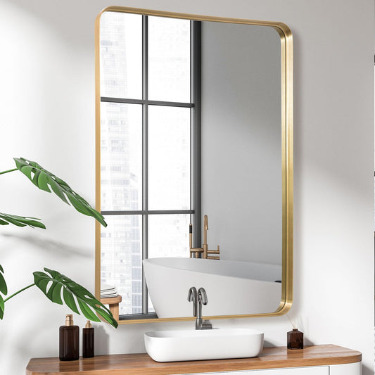 LunaMirror Wall Mirror 60x90 CM Wall-Mounted Bathroom Vanity Mirror Stylish Gold Mirror Wall Decor Rectangle Wall Hanging Mirror with Curved Corners