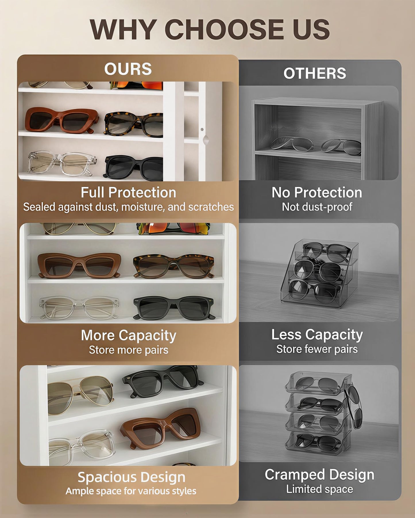 TJ.MOREE Sunglasses Organizer Storage Wall Mounted: 13 x 15.6 inches Eyewear Display Case Rustic Wood Eyeglasses Holder Large Glasses Storage
