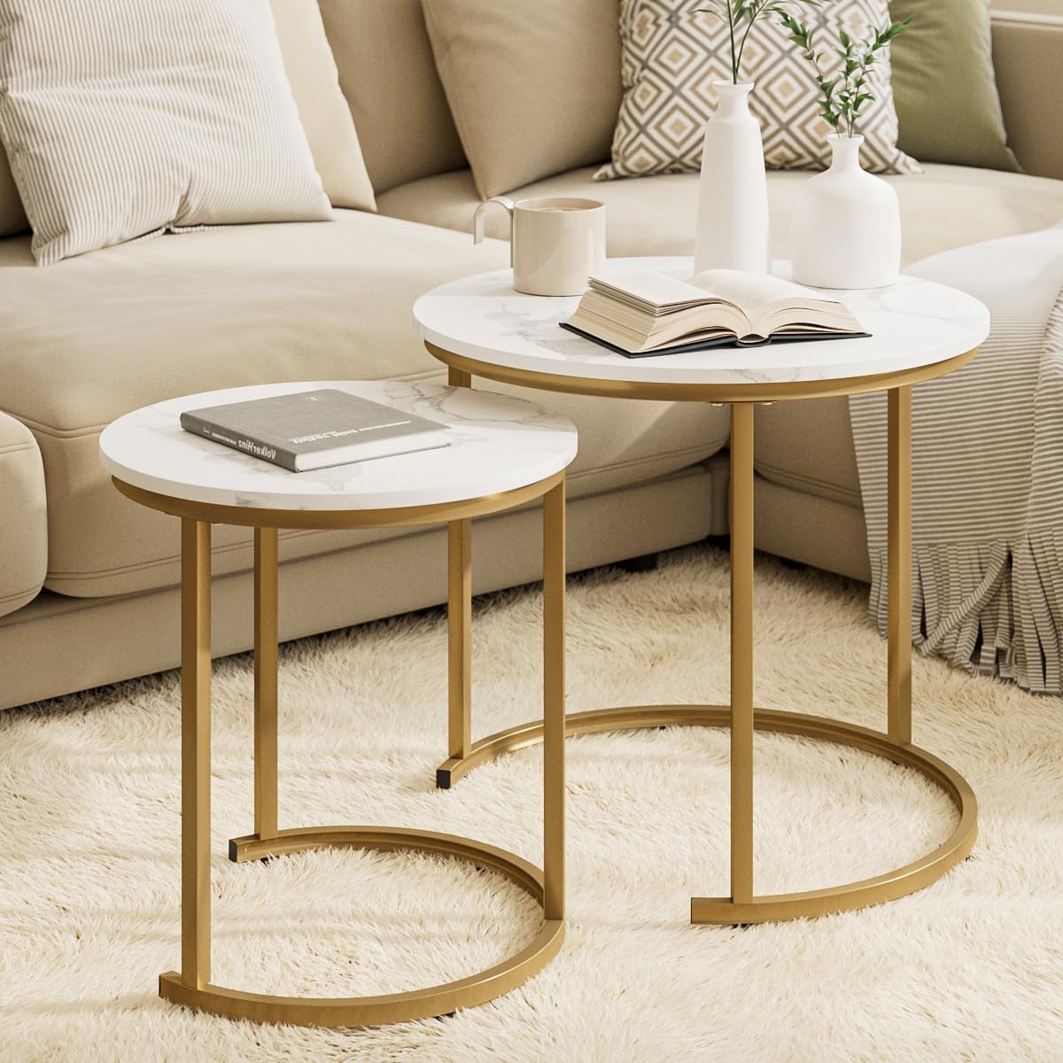 HEYZOEY Round Coffee Tables, Removable Set of 2 End Table, Nesting Table, Side Table with Gold Metal Frame Legs and Marble White Top for Living Room