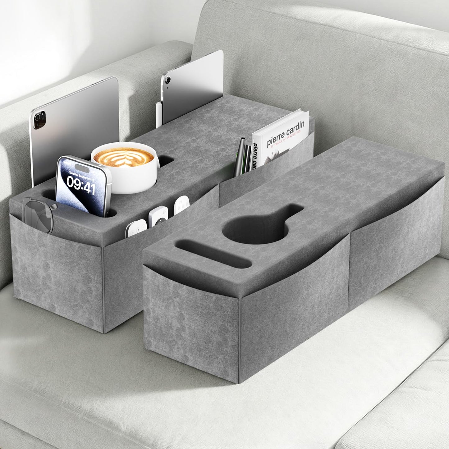 Heyife Couch Armrest Caddy with Cup Holder, Portable Sofa Armrest Pillow Drink Holder Table Tray with 5 Large Side Storage Pockets