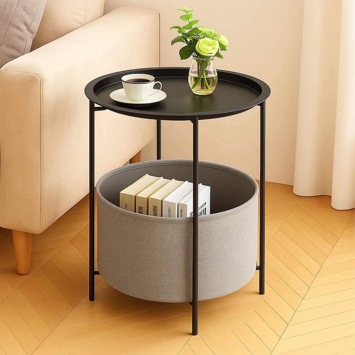Rinkgarden Round Side Table with Fabric Basket, Modern and Sturdy, Metal End Table for Living Room, Bedroom, Bedside Table, Nursery