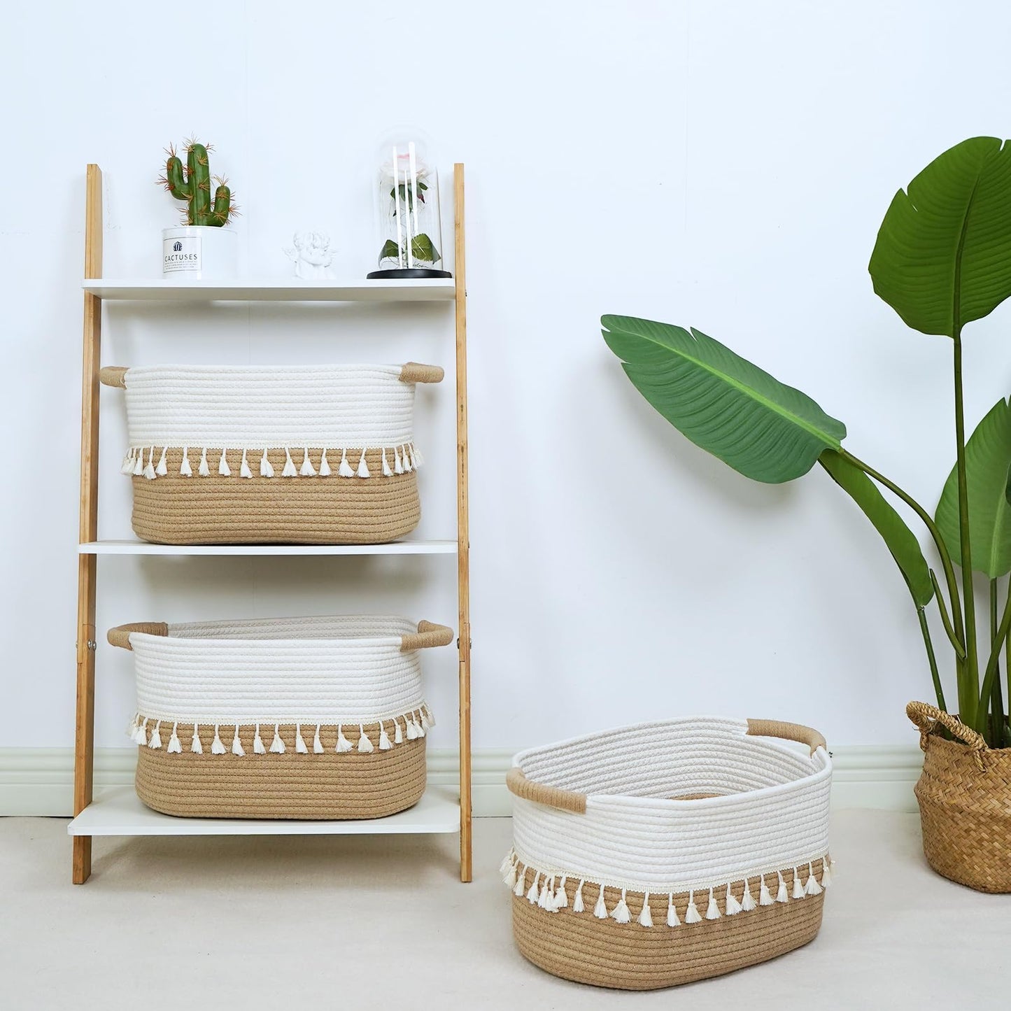 danpinera Storage Baskets 38x25x22cm – Woven Storage Basket with Tassels, Toy Basket with Handle, Rope Organizer for Living Room, Bathroom Baskets