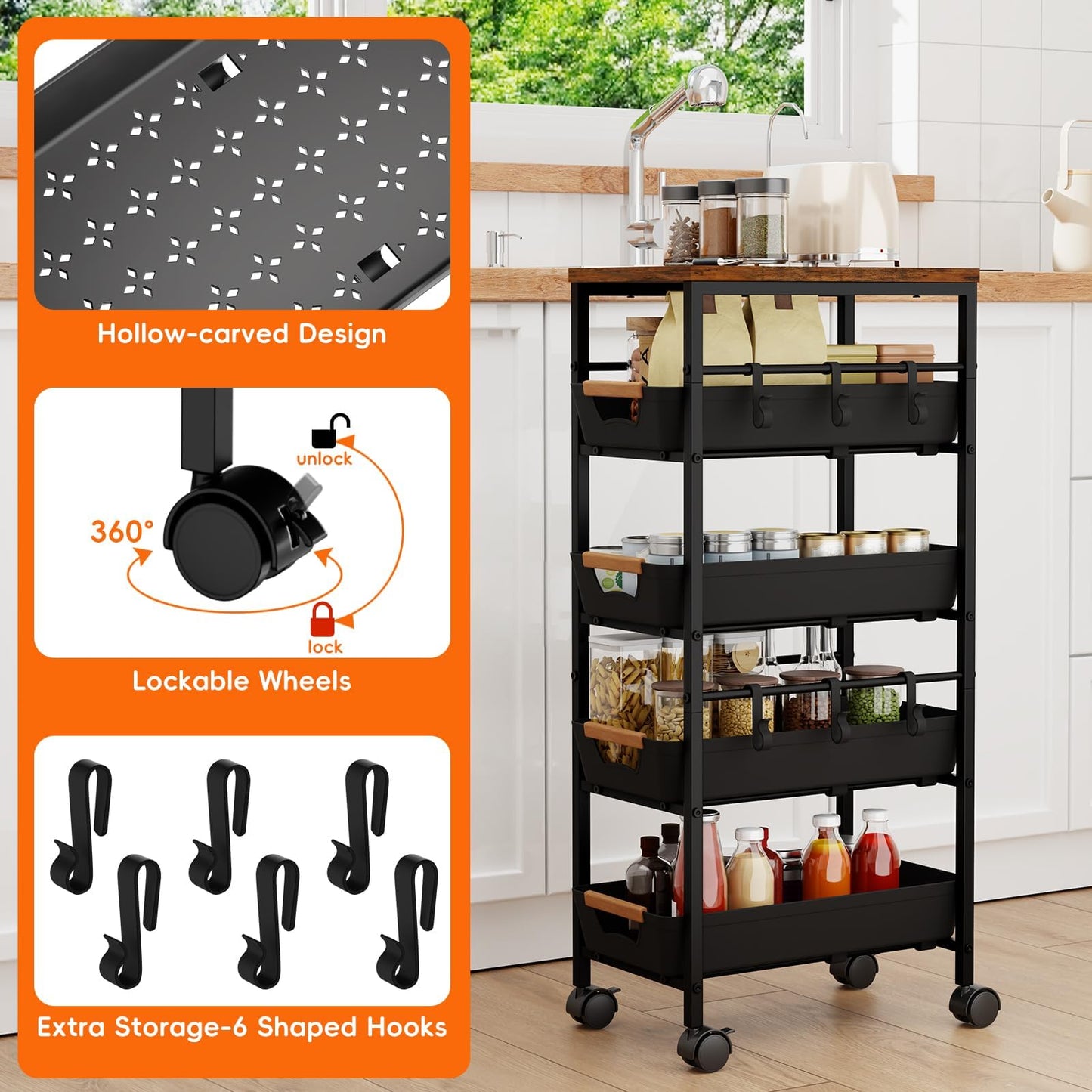 Uwoodia 5-Tier Slim Storage Trolley on Wheels, Metal Kitchen Rolling Cart with Pull-Out Baskets
