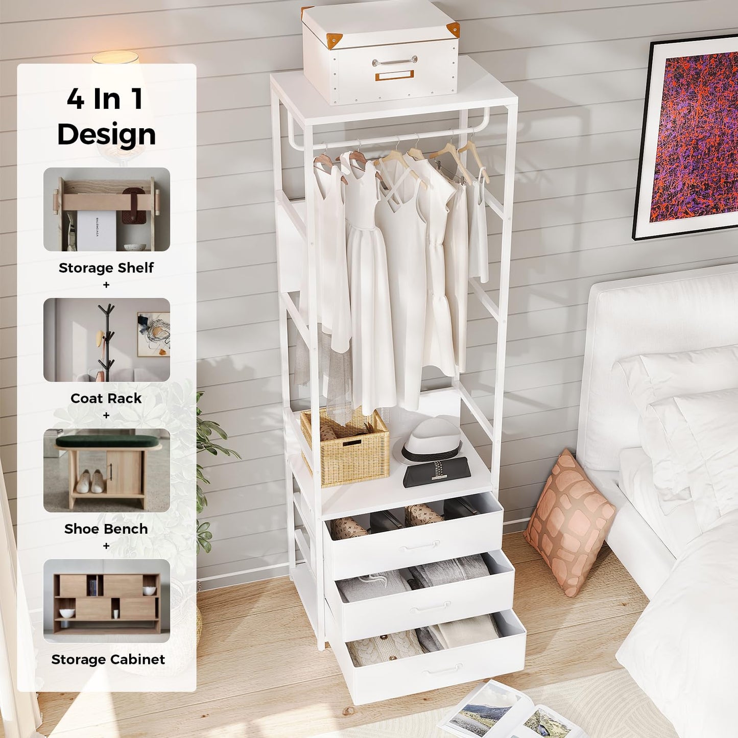 VOWNER Hall Tree Entryway Coat Rack 3-Drawer Bench White Hanging Rod