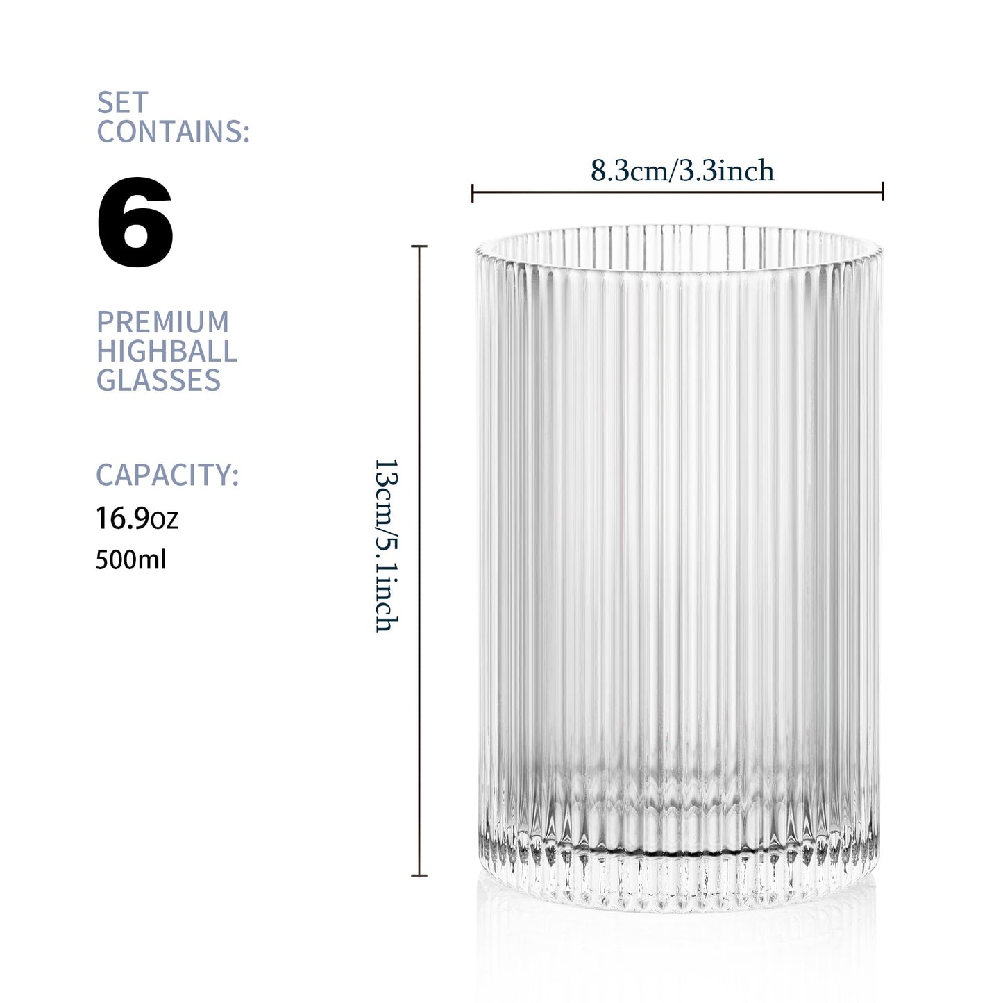 POLIDREAM Vintage Ribbed Glassware Set: 6pcs 16.9oz Drinking Glasses, Fluted Ripple Drinkware, Origami Style, Elegant Glassware for Whiskey, Cocktail,