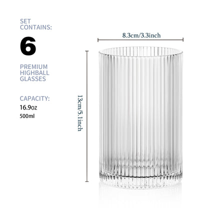 POLIDREAM Vintage Ribbed Glassware Set: 6pcs 16.9oz Drinking Glasses, Fluted Ripple Drinkware, Origami Style, Elegant Glassware for Whiskey, Cocktail,