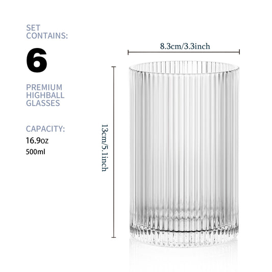 POLIDREAM Vintage Ribbed Glassware Set: 6pcs 16.9oz Drinking Glasses, Fluted Ripple Drinkware, Origami Style, Elegant Glassware for Whiskey, Cocktail,