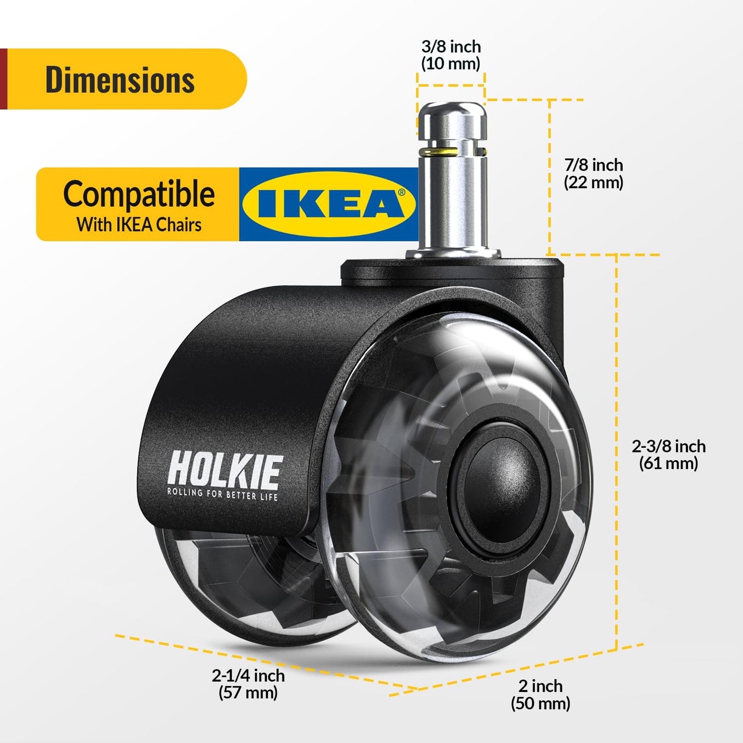HOLKIE Office Chair Wheels 10x22mm 1KEA ONLY 2 Inch Castors Replacement, Black Dual Rubber Smooth & Silent Desk Chair Casters Wheels-Set of 5 For