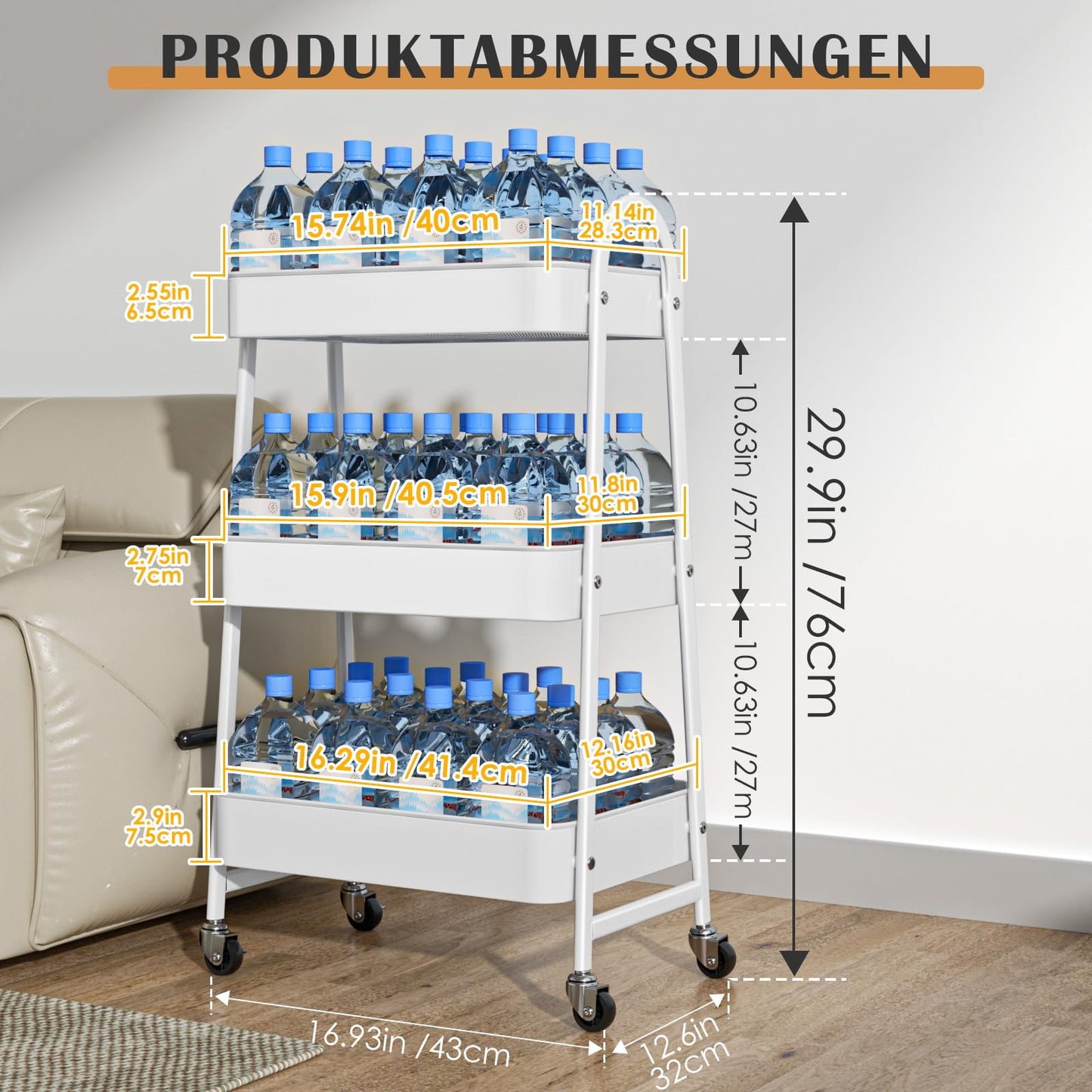 StowBin 3 Tier Metal Rolling Cart Kitchen Storage Cart with Wheels Serving Cart for Living Room Bathroom Office Bedroom White