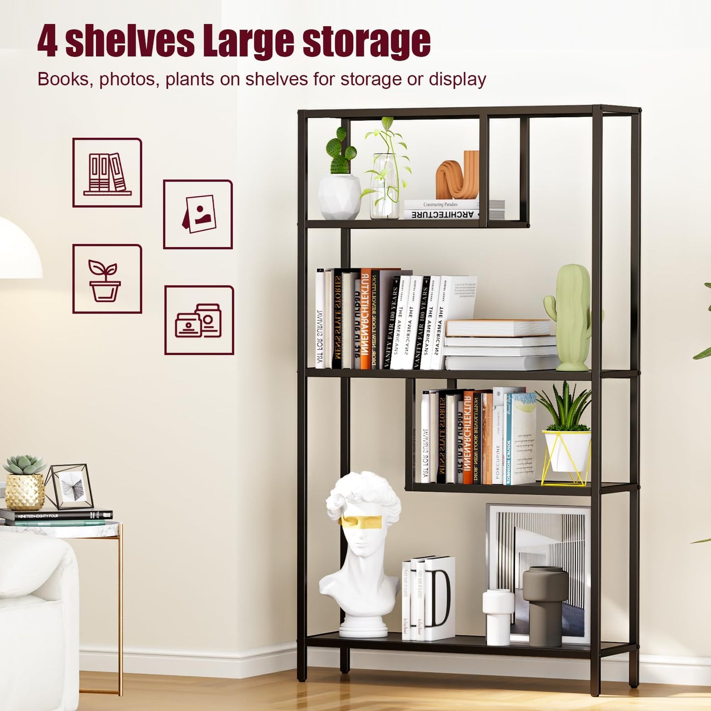 Yusong Black Bookshelf, Industrial Bookcase Open Storage Shelves with Metal Frame, Freestanding Display Rack Tall Shelving Unit for Living Room