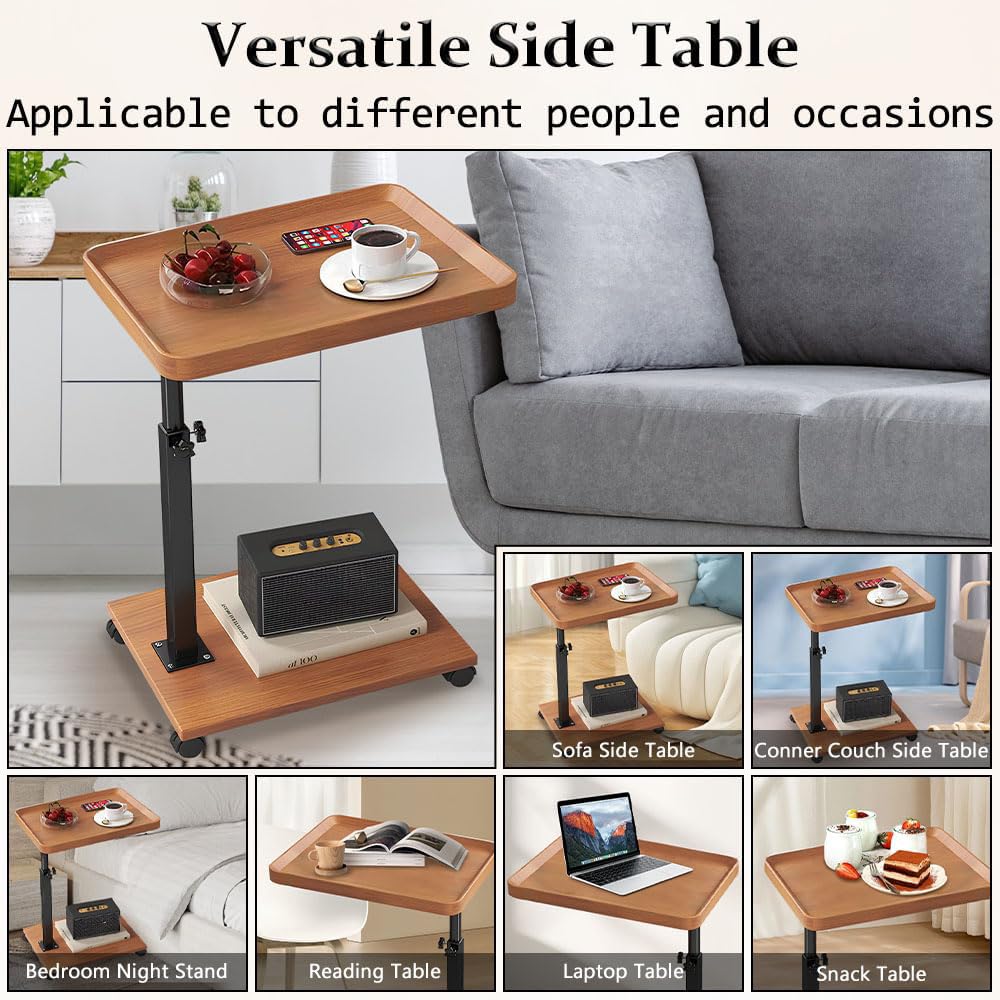 Kiss Me C Shaped Side Table, Height Adjustable, 360° Swivel with Wheels