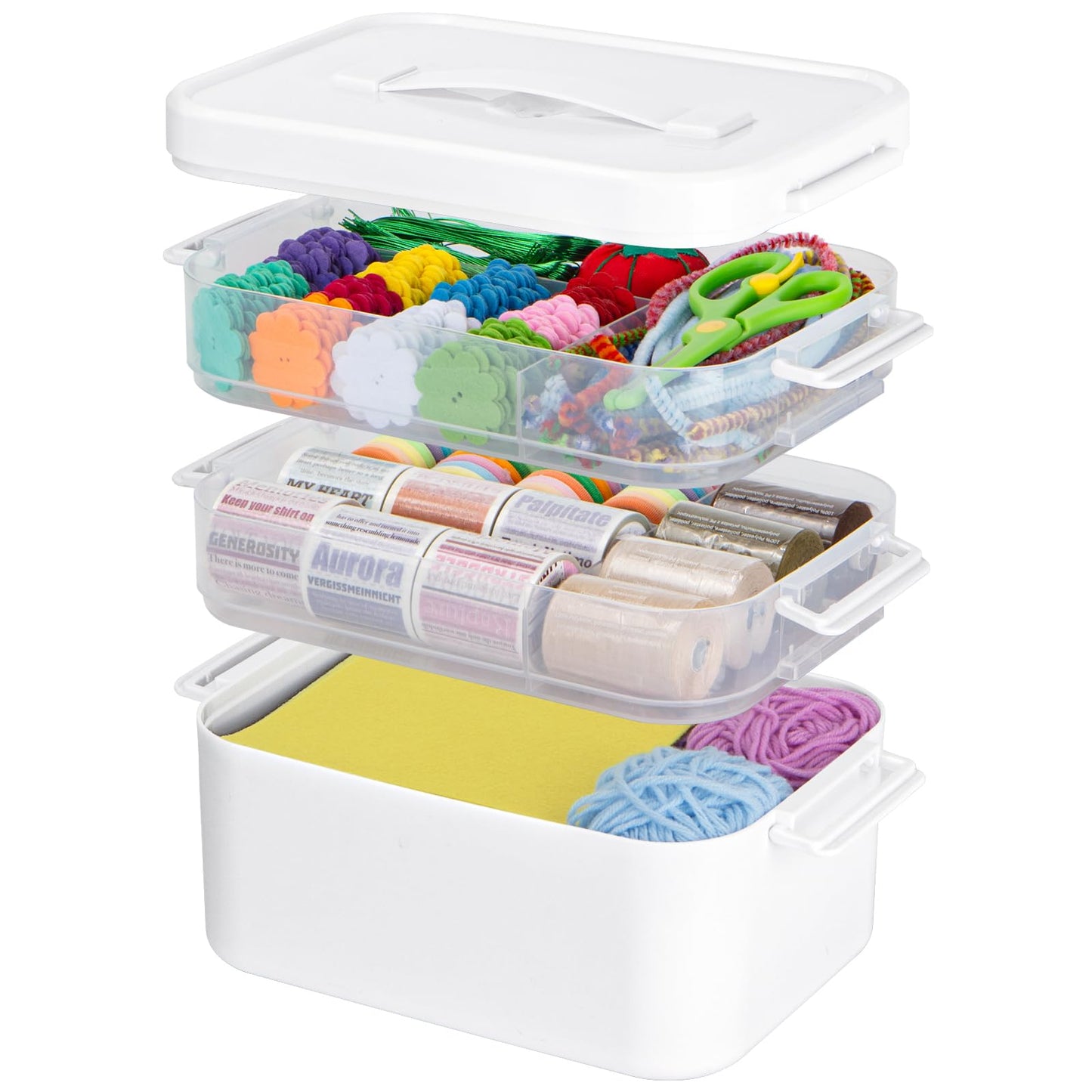 Creahaus 3 Layers Multipurpose Storage Box Organiser with Removable Trays, Stackable Art Craft Storage Box Case with Handle