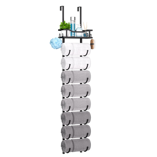 SWTYMIKI Over Door Towel Rail - 9 Tier Towel Racks for Bathroom Wall Mounted, Towel Holder with Shelf, Hanging Rolled Towel Storage Organizer for