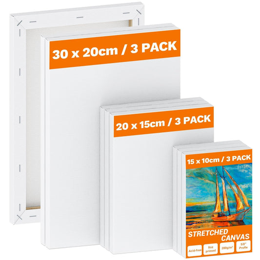 Koncci 9 Pack Stretched Canvas for Painting, Blank Canvas Set (30x20 20x15 15x10cm), Acid-Free/Cotton/280GSM/Triple Primed Canvases for Acrylic, Oil