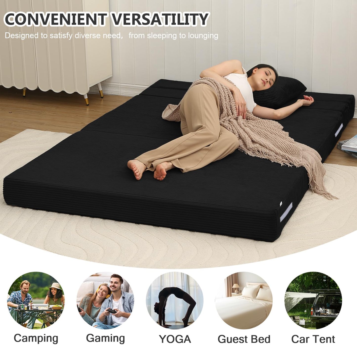 MeMoreCool Folding Mattress Double, Corduroy Fold Out Sofa Bed, Grey