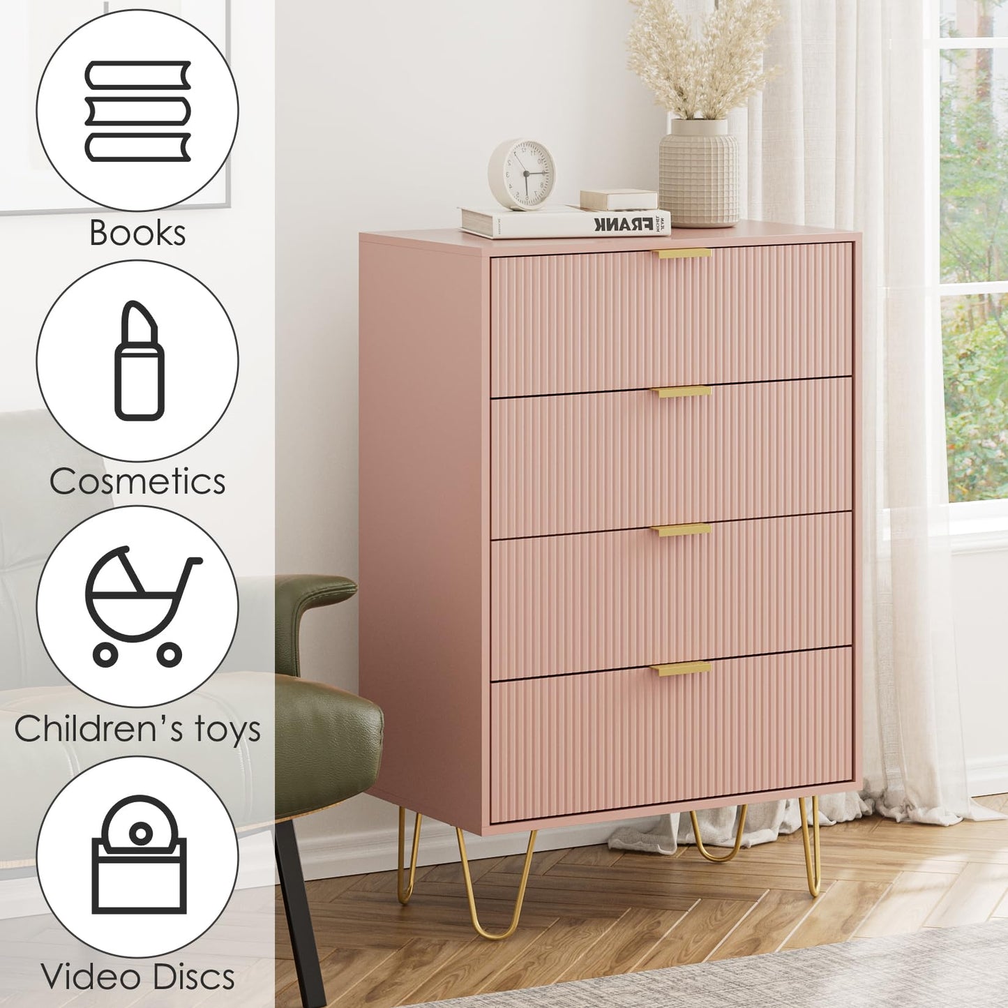 HEYZOEY Pink Chest of 4 Drawers for Bedroom, 60x34x91cm, Wood Storage Dresser Bedroom Furniture Cabinet for Living Room,Office,Lounge,Pink