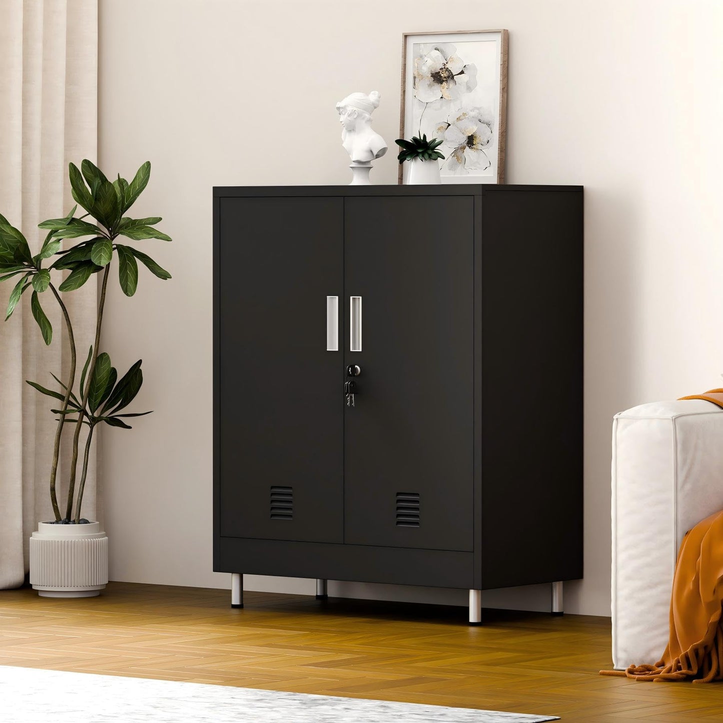 JINGUR Metal Storage Cupboard with Locking Doors and Adjustable Shelves, Lockable Storage Cabinet for Home Office Garage Pantry Entryway Living Room