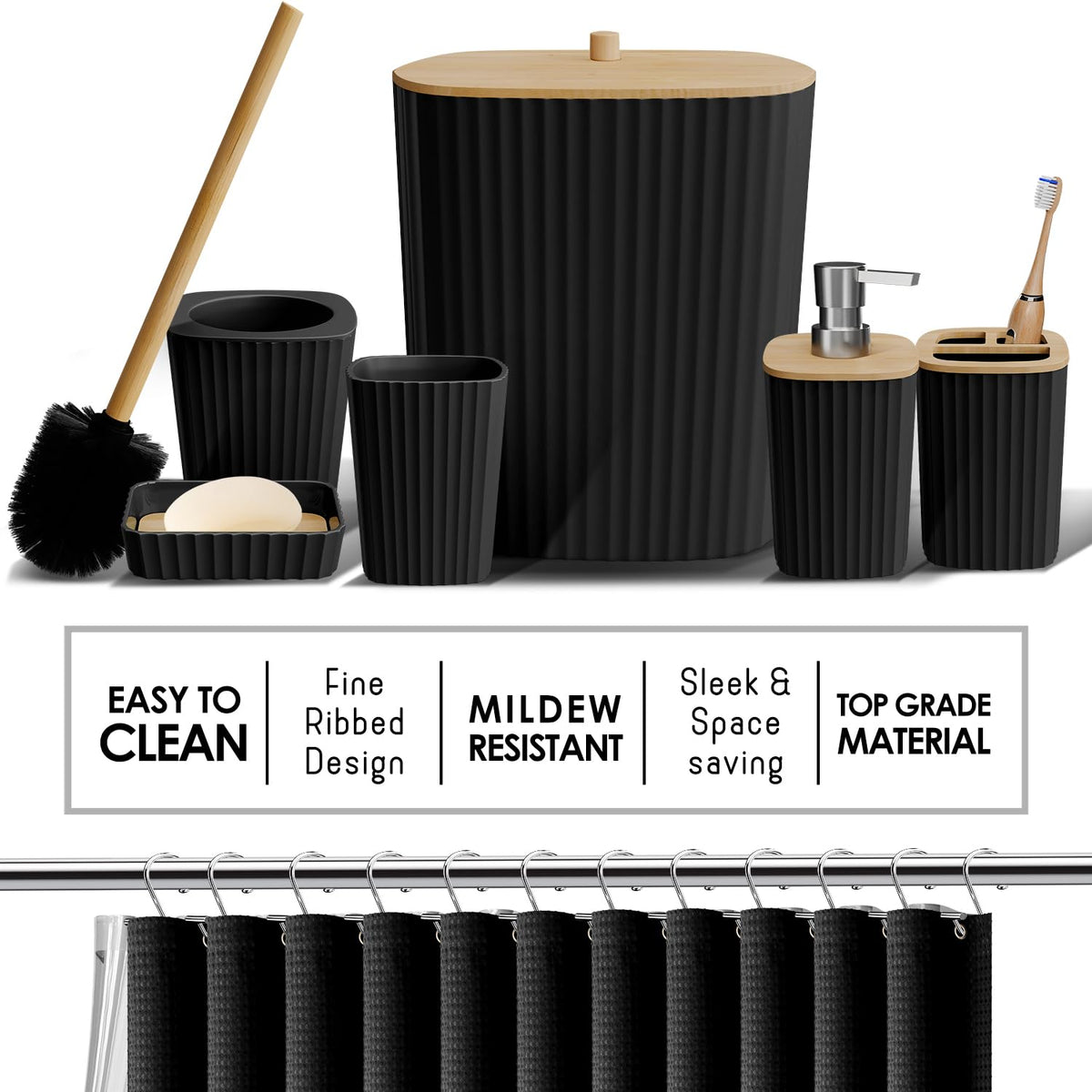 Shower Caddy and Bathroom Accessories Set with Bath Rugs 27PC Bathroom Accessory Set with Shower Caddies Black Bath Rugs, Shower Curtain Set