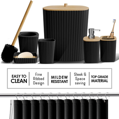 Clara Clark Bathroom Accessories Set - Bathroom Accessory Set with Shower Curtain Set, Toilet Brush, Trash Can & Soap Dispenser Black, Complete Set