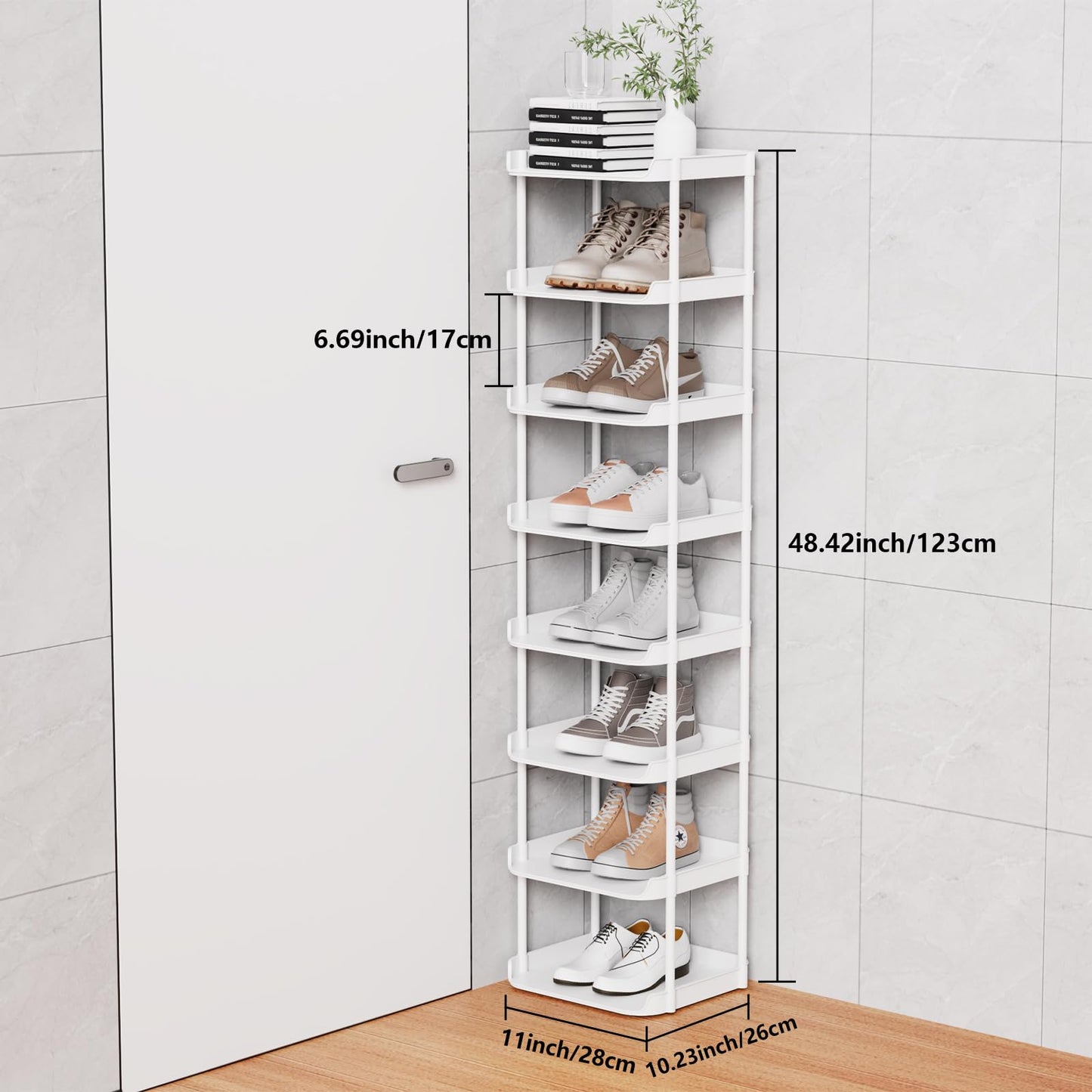 Altdnmaf 8 tier Narrow Shoe Storage Rack, Compact Single Shoerack Stand for Slim Space, Stackable Tall Thin Show Tower, Solid Plastic Shelves