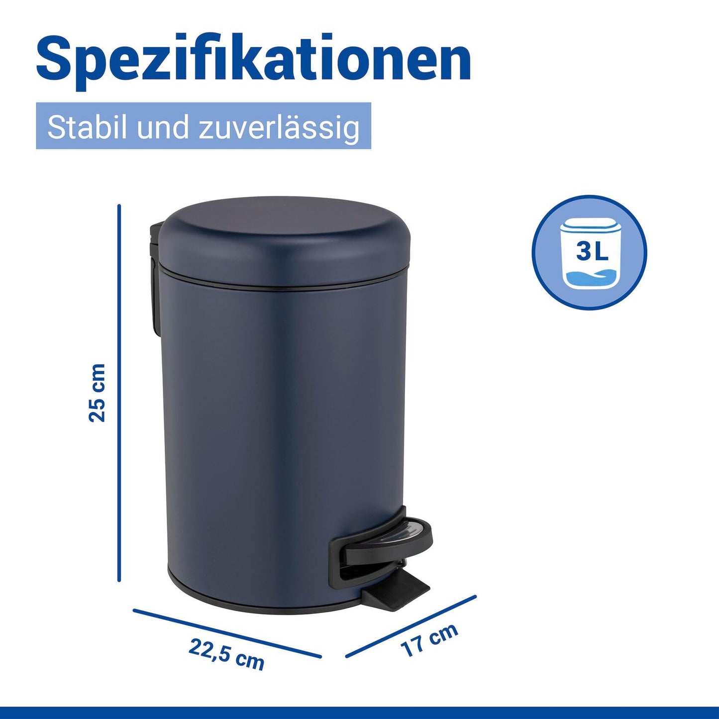 WENKO Leman pedal bin, 3 liters, with removable insert, made of painted steel, 17 x 25 x 22.5 cm, dark blue matt