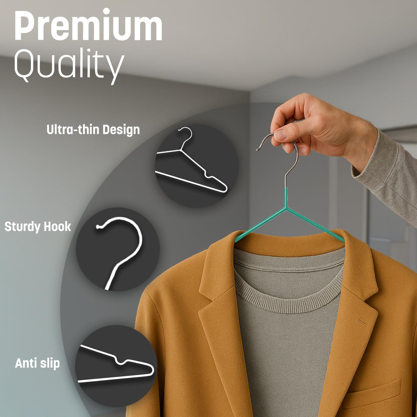 KEPLIN 20x Premium Rubber Coated Metal Hangers - Heavy Duty - Space Saving Organiser Clothes Hangers for Wardrobes Coat Rack Rails (Mint Green)