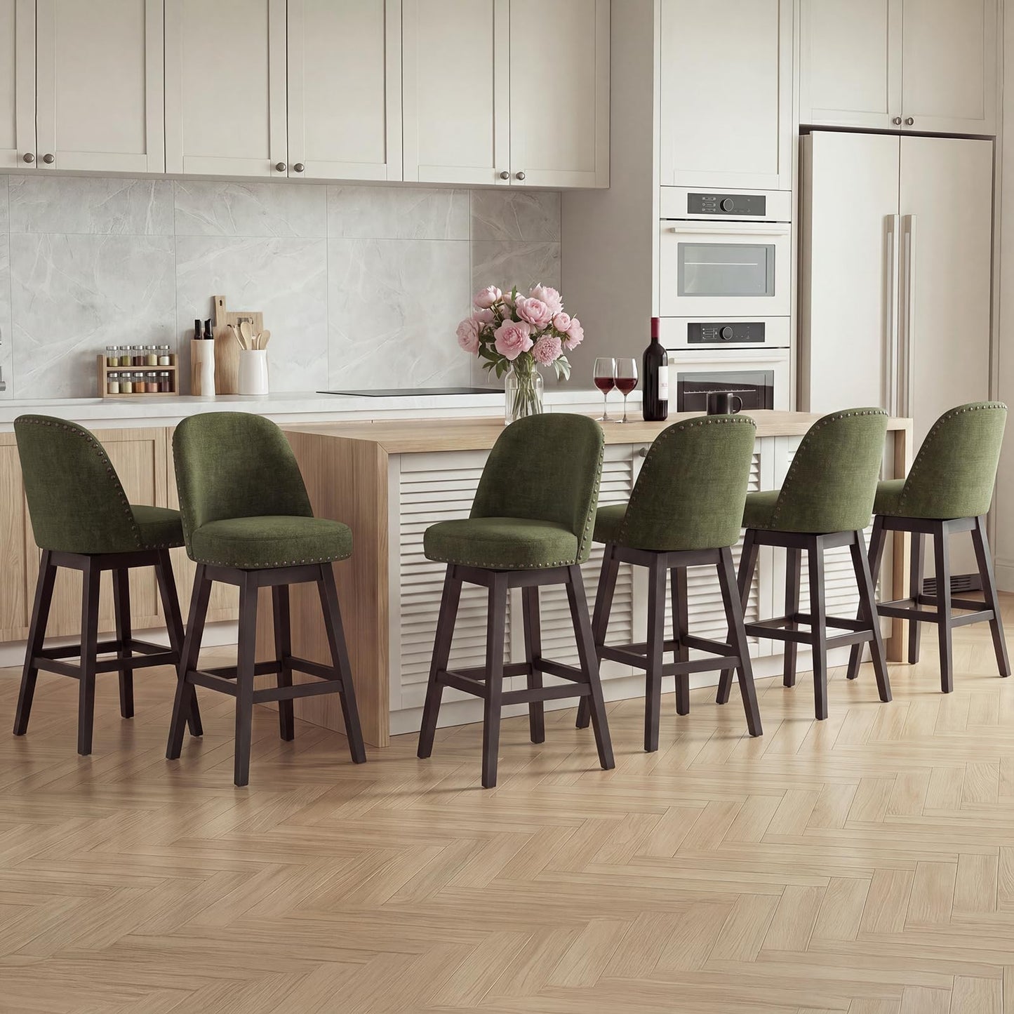 Bar Stools Set of 6, 360° Swivel Counter Stools with Upholstered Seat, Wooden Frame & Nailhead Trim