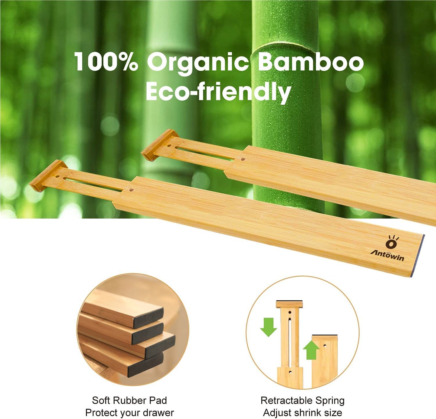 ANTOWIN 10Pcs Bamboo Drawer Dividers, Expandable Drawer Separators Splitter, 43-56 CM Long Adjustable Spring Loaded Organizer for Large Utensil