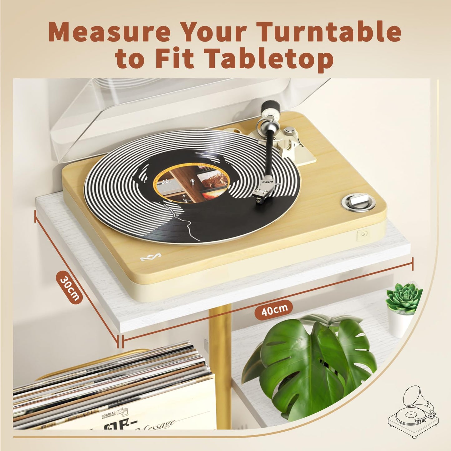 Bikoney Botanical Record Player Stand with LP Vinyl Display Shelf - Gold