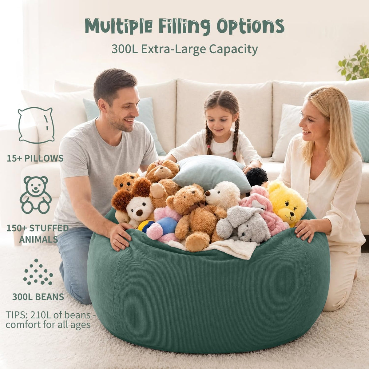Nobildonna 3 ft Bean Bag Chair Cover No Filler for Adults and Kids 300L Extra Large Stuffed Animal Storage Bean Bag Washable Soft Premium Corduroy