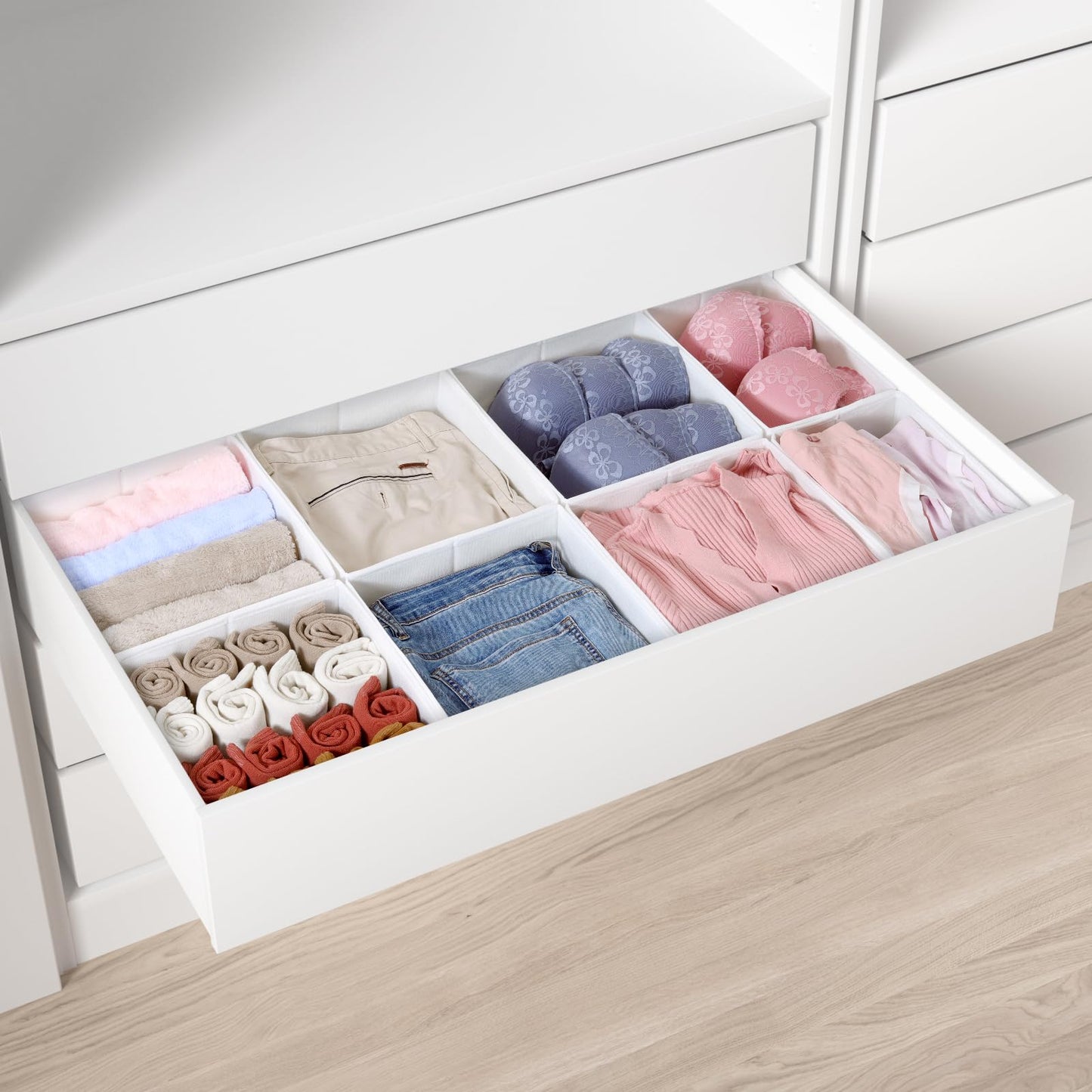 ORLISA Drawer Organiser Clothes for Wardrobe 100 x 58 cm - Perfect Fit with Sturdy Base, Foldable, Washable & Robust, Set of 8, White