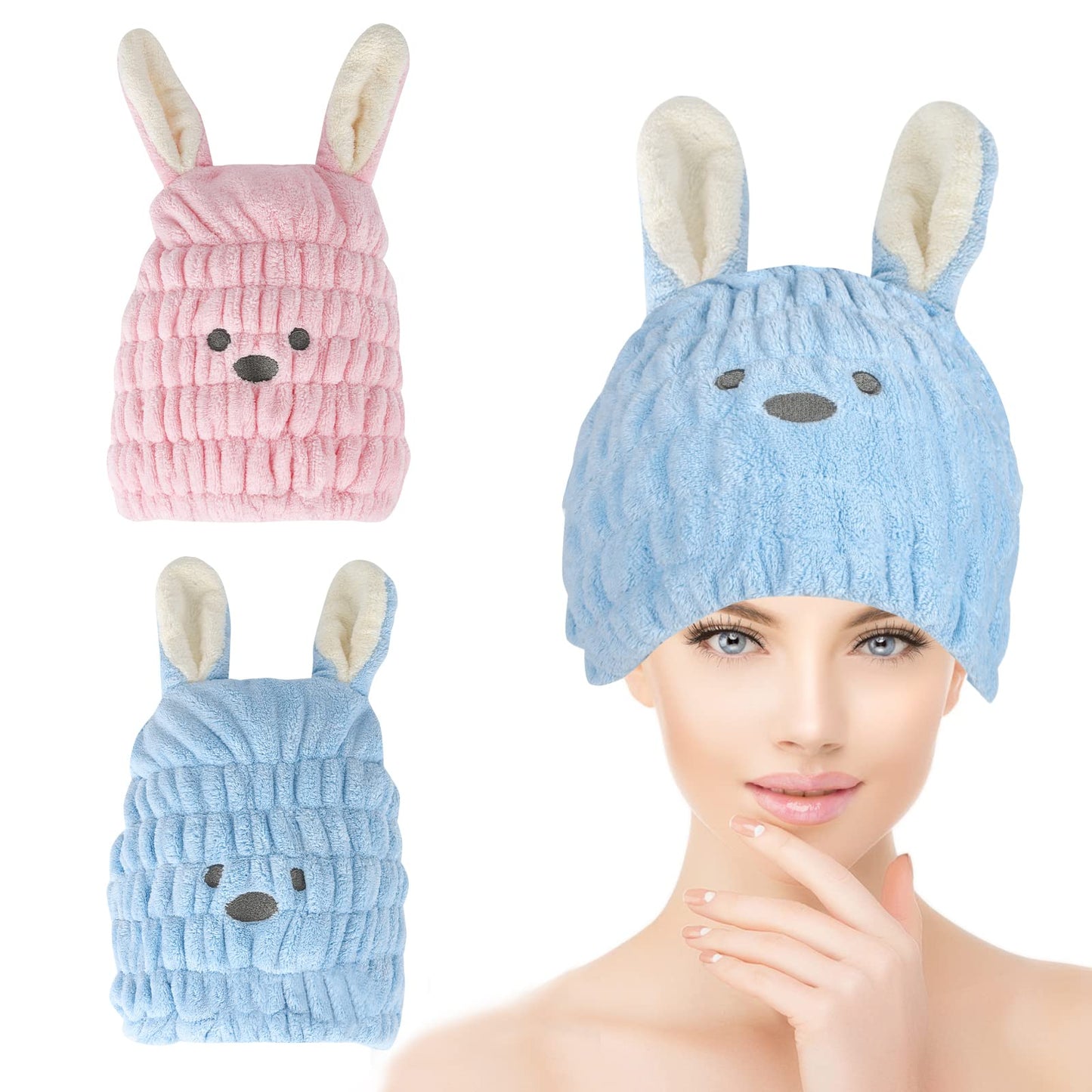 2 Pieces Dry Hair Hat Hair Drying Towels for Women Microfiber Dry Hair Cap with Cute Rabbit Ears Quick Drying Bath Cap Cartoon Hair Turbans Twist