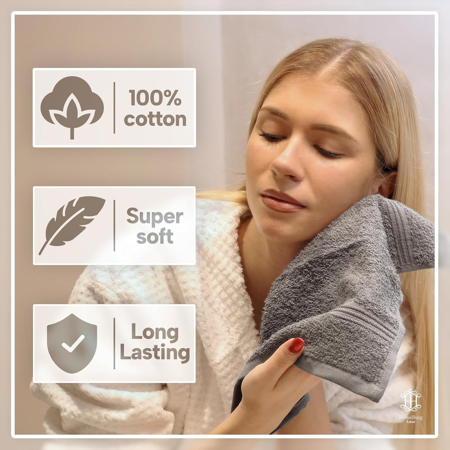 HomeBurg Luxe 12-Piece Washcloth Set - 100% Cotton, Soft & Absorbent, Easy Care, Premium Towels for Face & Daily Use, 30 x 30 cm, Stone Grey