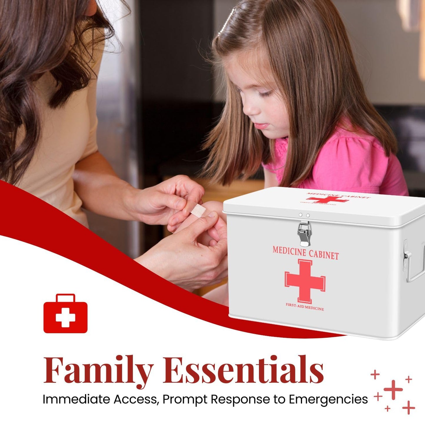 Flexzion First Aid Box Organizer Empty with Lock - 13" White Vintage First Aid Kit Tin Metal Medical Box