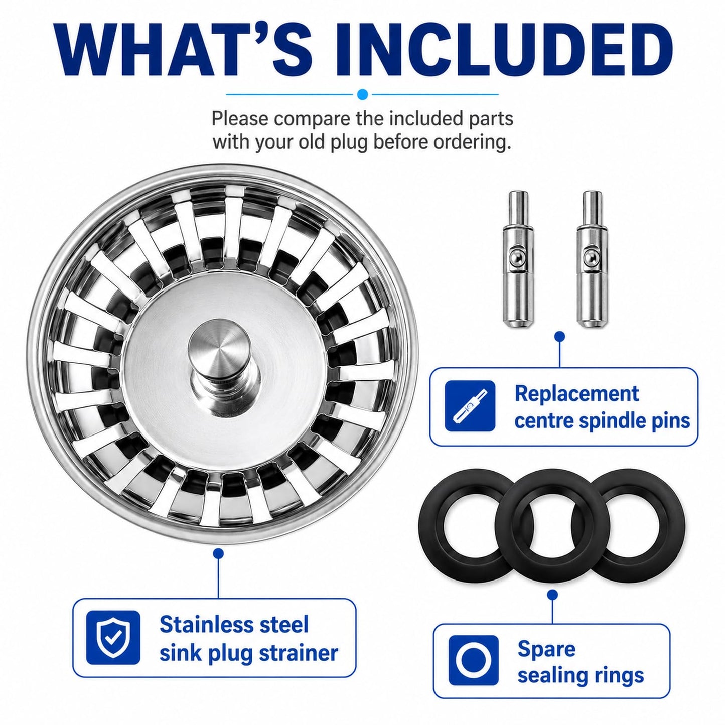 Kitchen Sink Plug Strainer, Stainless Steel Sink Plug Replacement for 80mm Old Plug Size, Food Hair Catcher Drain Stopper, Pop Up Sink Drainer Plug