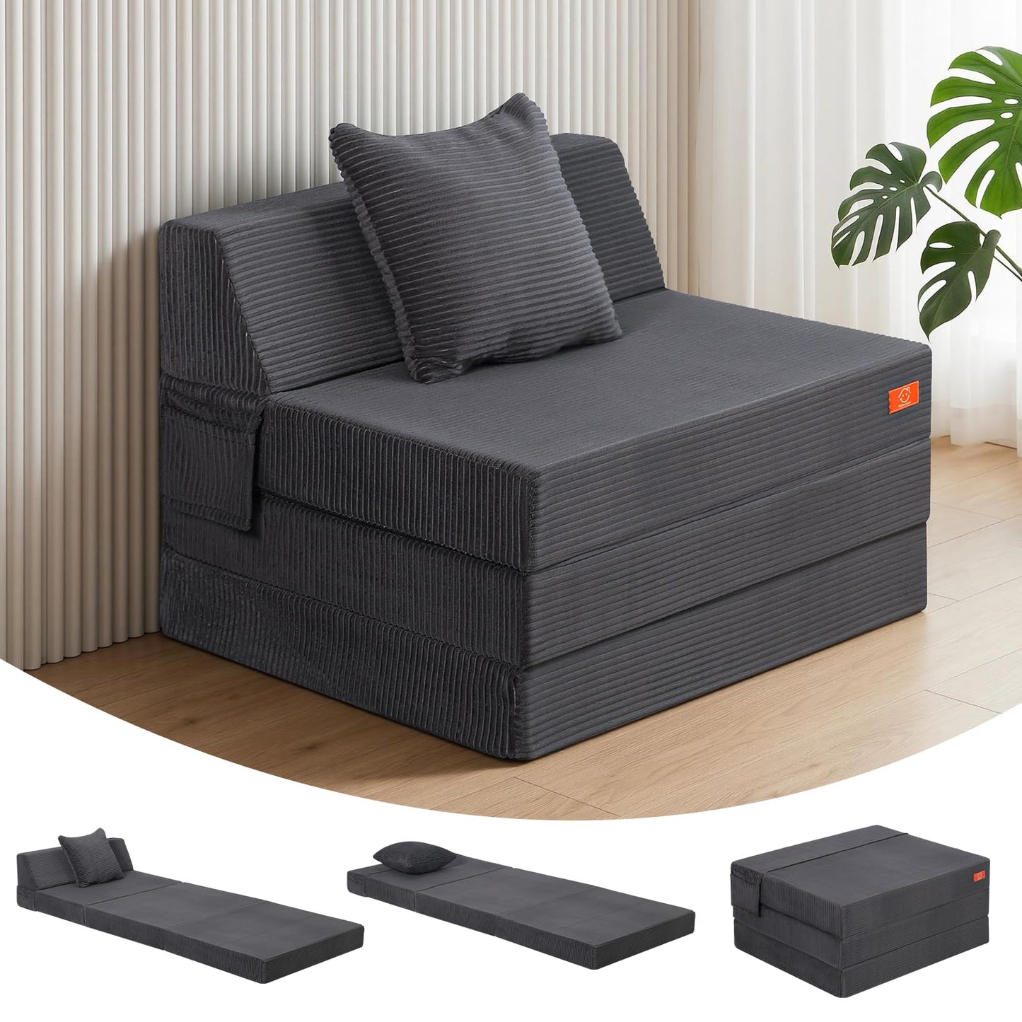 MeMoreCool Single Folding Sofa Bed Chair, Convertible Boneless Couch, Grey