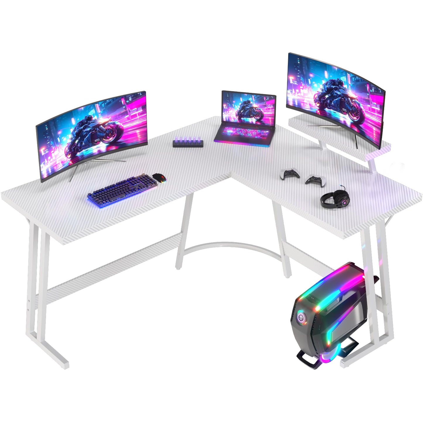 JUMMICO L Shaped Gaming Desk with Large Monitor Stand 150x150x75cm,Corner Desk for Home Office Study Writing Workstation, White